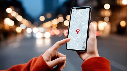 Person using a smartphone to find directions, with a map application on screen at night.