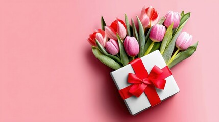 Fototapeta premium A stunning bouquet of tulips bursts from a gift box tied with a lovely red ribbon, pink background.
