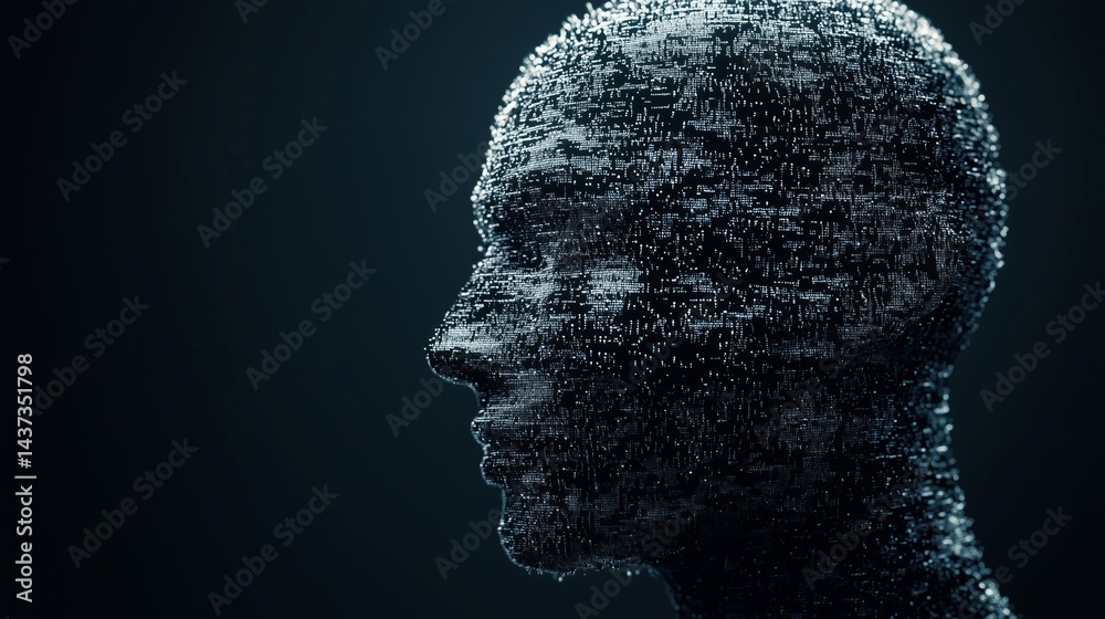 Poster Machine learning concept art, cascading layers of code and algorithmic patterns, sharp contrast between data flow and empty space, dark tech style
