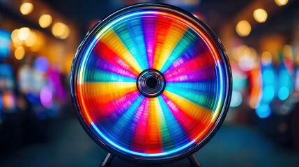 A brightly lit, multi-colored wheel of fortune spins in a casino with blurred motion and a neon glow.