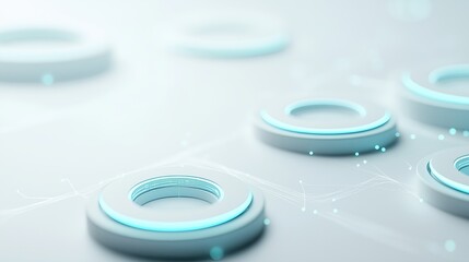 Minimal AI interface design, abstract glowing rings and orbiting data points, white background with soft blue highlights, ultra-modern tech look