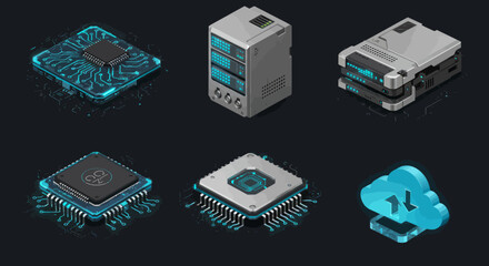 Isometric Technology Icons Representing Cloud Computing, Data Storage, and Microchips for Modern Tech Solutions