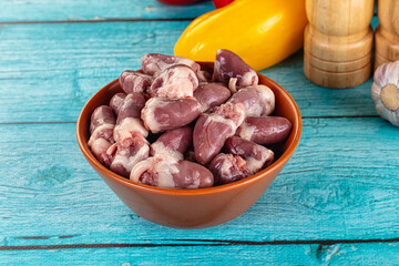 Raw chicken hearts for cooking