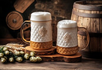 A mug of beer and wheat on the table, with a dark background and copy space for text