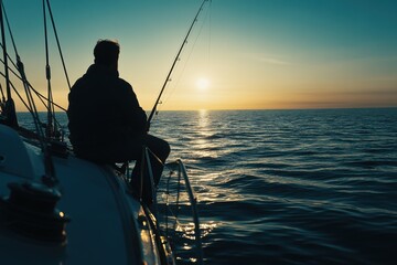 Capturing the tranquility of sunset fishing on open waters with gentle waves and a serene horizon