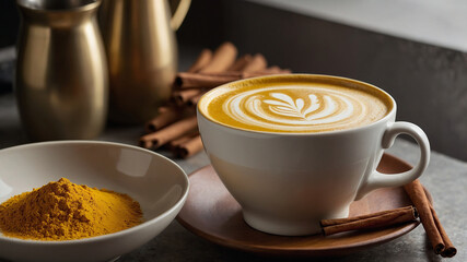 Centerpiece Mug of Vibrant Golden Latte A bold yellow turmeric latte is served in a plain white ceramic mug positioned exactly in the center. The latte is topped with a delicate foam design 