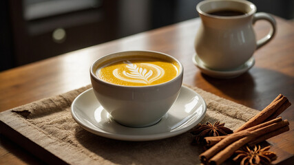 Centerpiece Mug of Vibrant Golden Latte A bold yellow turmeric latte is served in a plain white ceramic mug positioned exactly in the center. The latte is topped with a delicate foam design 