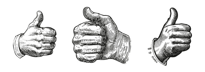 Vintage Hand Drawn Thumbs Up Symbols for Approval and Positivity, Logo Design, Hand drawing Engraving, Vector Illustration Isolated Object