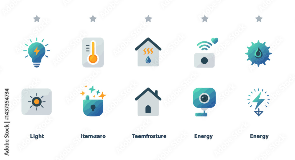 Poster smart home automation icons set with modern design representing energy efficiency and security of a 