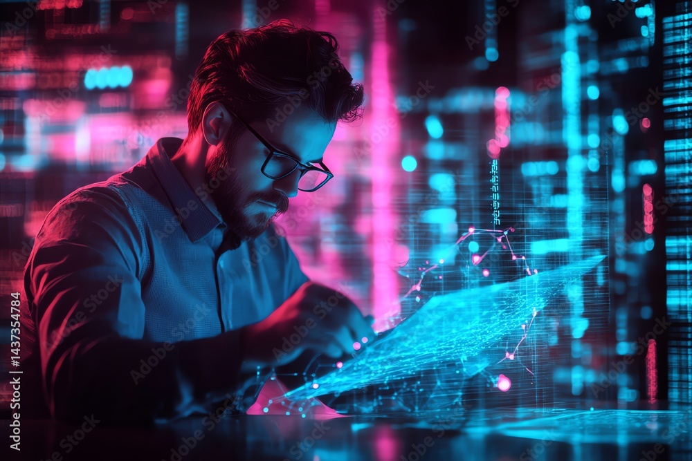Poster cyberpunk programmer: neon-lit data visualization
