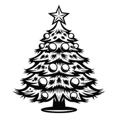 Ornamental Christmas Tree with Star Topper & Baubles, Black and White Silhouette