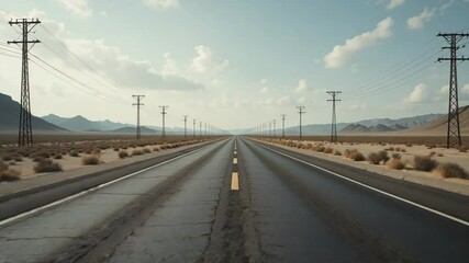 Endless Desert Highway Perspective with Power Lines stretching to the Horizon
