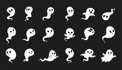 Cartoon cute Halloween ghosts lighting. Vector image of ghost, soul, spirit with glow on black dark background. Halloween, day of the dead, scary for kids