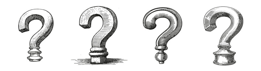 Vintage Question Marks Illustration Set for Creative Projects, Logo Design, Hand drawing Engraving, Vector Illustration Isolated Object