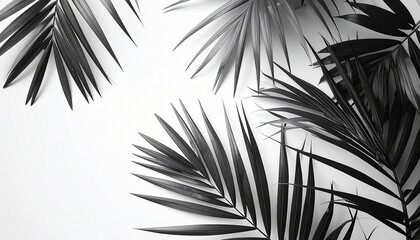 Fototapeta premium Monochrome tropical palm leaves overlapping on soft white background with elegant minimalistic design and detailed black and white botanical illustration 
