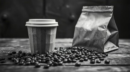Coffee cup, beans, and bag on rustic wooden surface