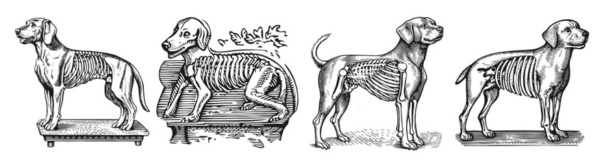 Detailed Anatomical Study of Dog Skeleton and Structure Illustrations, Logo Design, Hand drawing Engraving, Vector Illustration Isolated Object