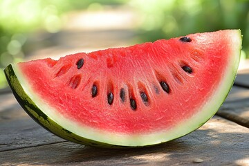 A juicy watermelon slice with its bright red flesh and black seeds on a picnic table