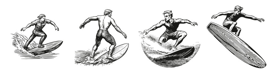 Vintage Illustrations of Surfer Riding Waves in Dynamic Poses, Logo Design, Hand drawing Engraving, Vector Illustration Isolated Object