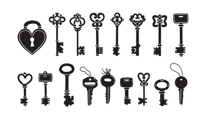 Hand drawn silhouette Keys. Doodle various vintage, modern and cute isolated keys. Different types, sizes.