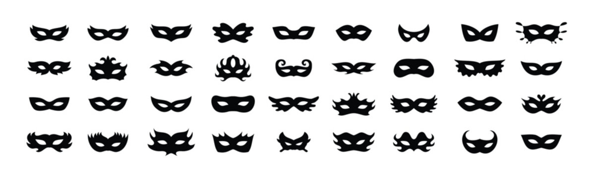 Carnival masks silhouettes icon set. Simple black icons masquerade mask, for party, parad, carnival, Halloween. Mask elements isolated sign, symbol