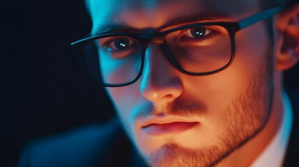 Business Professional in Suit Analyzing Digital Data on Transparent Screen