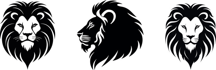 Majestic Lion Head Silhouettes. The designs are bold, graphic, and ideal for logos or branding. lion head silhouettes vector illustration
