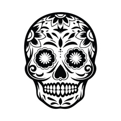 Ornate Black and White Sugar Skull, Floral Eye Sockets, Heart Nose, Día de Muertos
