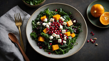 Central Winter Salad with Vibrant Ingredients A large, shallow ceramic bowl of vibrant winter salad sits precisely in the center of the frame. The salad features deep green kale, roasted orange butter
