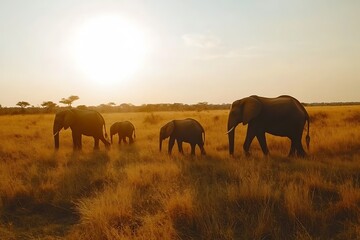 Fototapeta premium Elephant Family Walking Peacefully Through African Savannah
