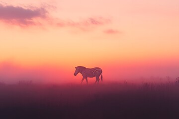 A zebra walking across a field at sunset with a pink and orange sky in the background landscape scene