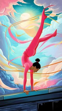 Animated female gymnast in pink balances on a post amid sky, clouds, sun, and ribbon