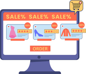 online shopping on internet marketplace browsing for sale items store sale promotion vector illustration