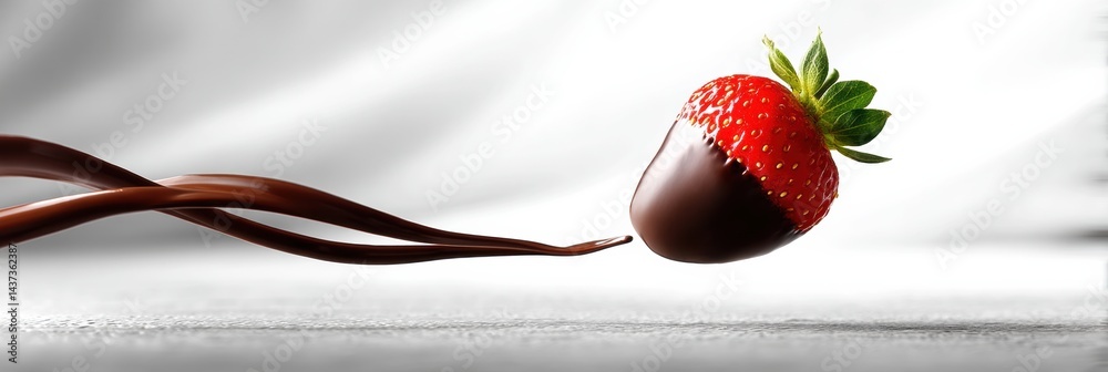 Poster chocolate dipped strawberry floating in mid-air against a high-key backdrop with a clean and modern 