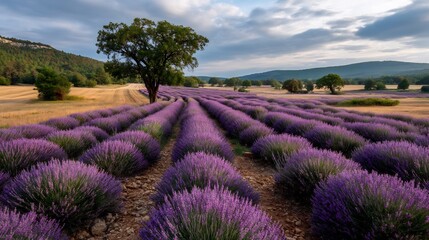 Serene lavender field extending towards the horizon beneath a cloudy sky