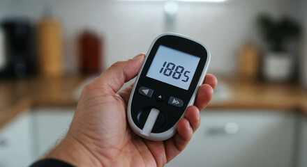 Hand holding diabetic health device displaying blood sugar reading  