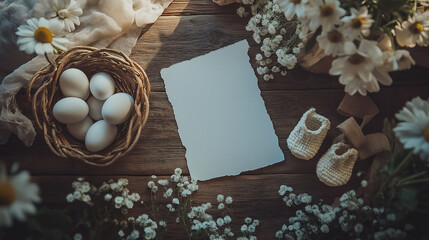 Rustic Pregnancy Announcement Flat Lay with Blank Deckled Paper, Baby Shoes, Flowers, and Basket – Warm Vintage Setup
