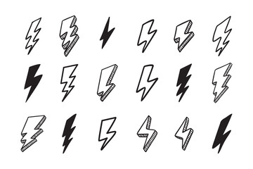 Hand drawn vector doodle electric lightning bolt set. Lightning symbol sketch symbol doodle icon.