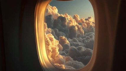 Fluffy golden clouds illuminated by sunlight, viewed through an airplane window at high altitude.