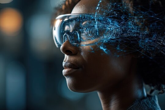 The future is already here. Young woman wearing augmented reality glasses. The young woman explores the digital frontier with her augmented reality glasses, full of wonder.