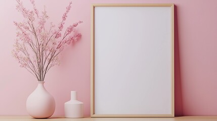 Minimalist Pink Wall Decor with Blossoming Branches and Blank Frame