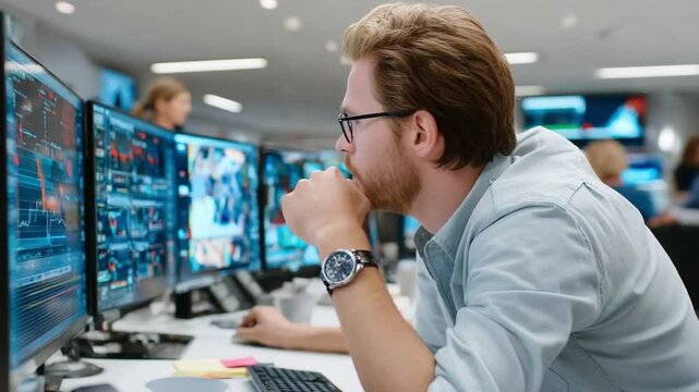 Focused Analyst: A pensive male analyst intently reviews data on multiple computer screens in a modern, bustling office environment.