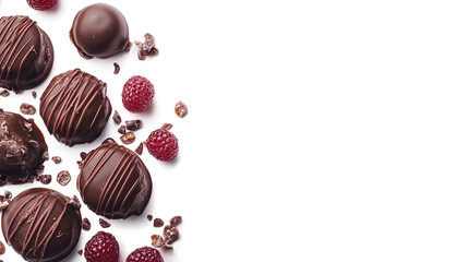 A white background with a bunch of chocolate covered raspberries