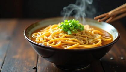 Steaming bowl of ramen noodles, chopsticks, spring onions, eat, dinner