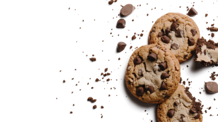 Three chocolate chip cookies with chocolate chips scattered on the table