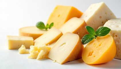 Assortment of Italian cheeses on white background, foodphotography, isolated
