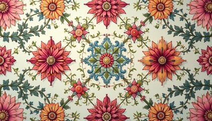 Intricate floral damask pattern in muted tones, ornate, surface, background