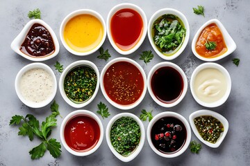 Assorted Sauce Variety Collection in White Bowls on Gray Textured Surface