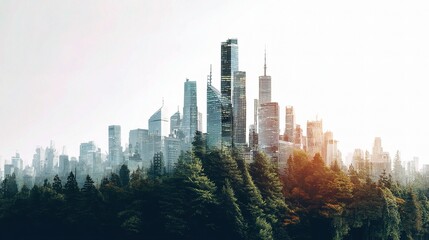 Modern City Skyline Merged with Lush Forest in Harmonious Scene