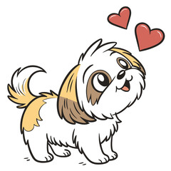 Shih Tzu Puppy Cartoon Looking Up with Hearts, Smiling Dog, Cute Pet Mascot, Fluffy